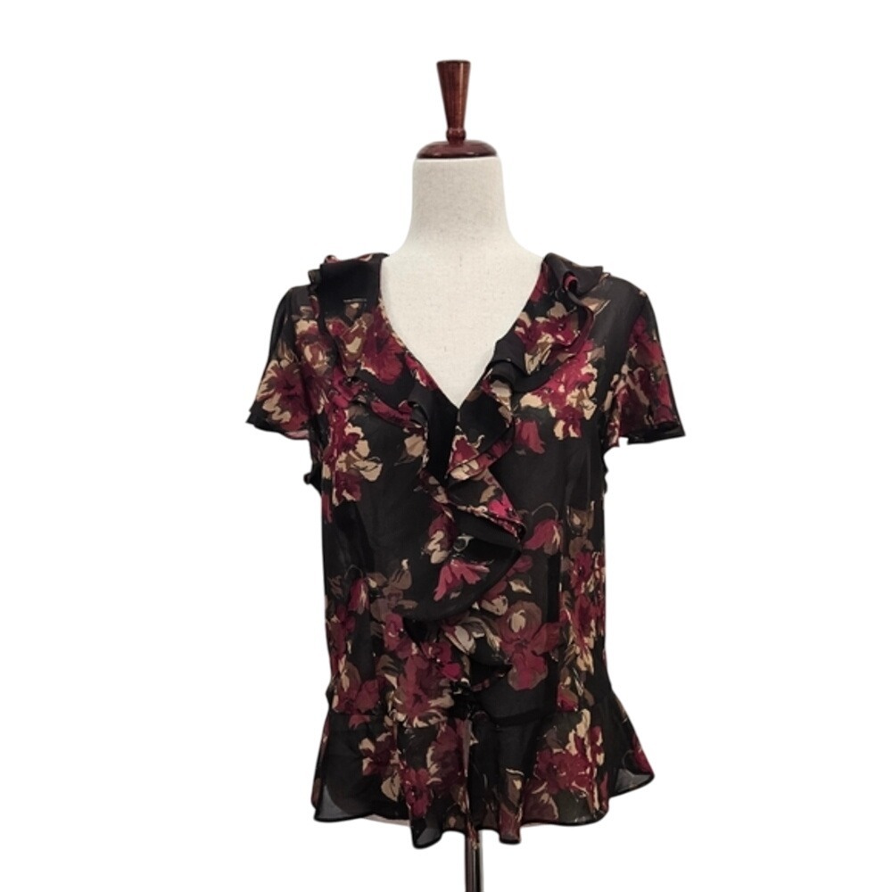 Chaps Chiffon Flutter Sleeve Vneck Ruffle‎ Blouse Brown & Burgundy Floral…